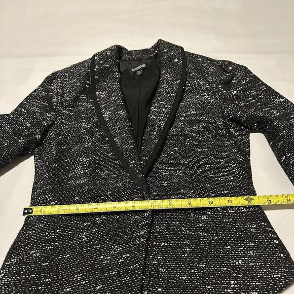 Bebe Tweed Blazer Jacket Sz 00 Black With White Specks 3/4 Sleeve Contrast Trim - Picture 6 of 12